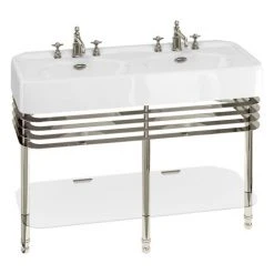 Arcade 1200mm Double Basin and Stand with Glass Shelf - Various Tap Hole Options