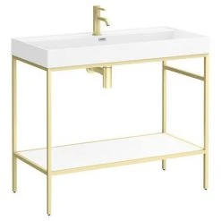 Arezzo 1000 Brushed Brass Framed Washstand with Gloss White Open Shelf and Basin -Victorian Plumbing Store AZ10BBFPM d3 460