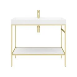 Arezzo 1000 Brushed Brass Framed Washstand with Gloss White Open Shelf and Basin -Victorian Plumbing Store AZ10BBFPM d3 460