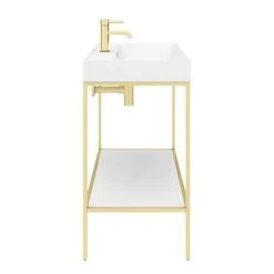 Arezzo 1000 Brushed Brass Framed Washstand with Gloss White Open Shelf and Basin -Victorian Plumbing Store AZ10BBFPM d4 460