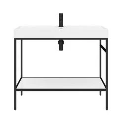 Arezzo 1000 Matt Black Framed Washstand with Gloss White Open Shelf and Basin -Victorian Plumbing Store AZ10BFPM n detail1 460