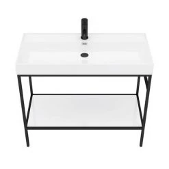 Arezzo 1000 Matt Black Framed Washstand with Gloss White Open Shelf and Basin -Victorian Plumbing Store AZ10BFPM n detail2 460