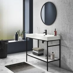 Arezzo 1000 Matt Black Framed Washstand with Gloss White Open Shelf and Basin