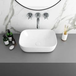 Arezzo Stone Resin Floating Basin Shelf incl. 2 Curved Rectangular Basins - 1200mm Wide -Victorian Plumbing Store AZ12MWSLFB2 n d2 460