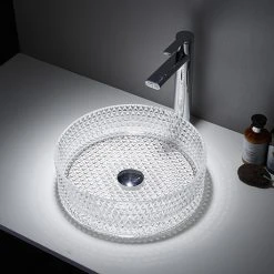 Arezzo Clear Diamond Cut Glass Round Countertop Basin - 360mm Diameter