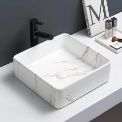 Arezzo 405 x 405mm Square Counter Top Basin - Matt White Marble Effect