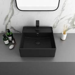 Arezzo 405mm Matt Black Square Wall Mounted / Counter Top Basin -Victorian Plumbing Store AZ4BMB n d3 460