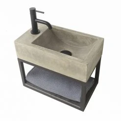 Arezzo Stone Wall Hung Natural Concrete Cloakroom Basin with Matt Black Towel Shelf