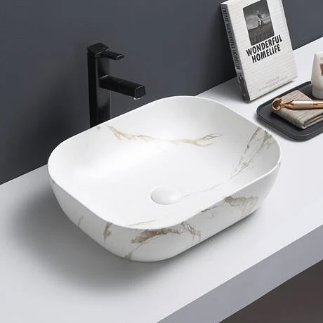 Arezzo 505 x 405mm Curved Rectangular Counter Top Basin - Matt White Marble Effect 2 Arezzo 505 x 405mm Curved Rectangular Counter Top Basin - Matt White Marble Effect - Image 2