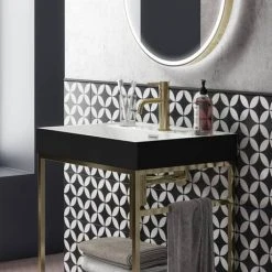 Arezzo 600 Brushed Brass Framed Washstand with Gloss White Open Shelf and Matt Black Basin -Victorian Plumbing Store AZ6BBFPM BLK d3 460