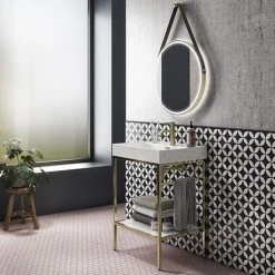 Arezzo 600 Brushed Brass Framed Washstand with Gloss White Open Shelf and Basin