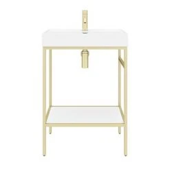 Arezzo 600 Brushed Brass Framed Washstand with Gloss White Open Shelf and Basin -Victorian Plumbing Store AZ6BBFPM d4 460