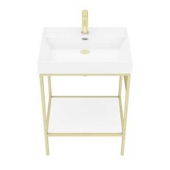 Arezzo 600 Brushed Brass Framed Washstand with Gloss White Open Shelf and Basin -Victorian Plumbing Store AZ6BBFPM d5 460