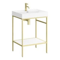 Arezzo 600 Brushed Brass Framed Washstand with Gloss White Open Shelf and Basin -Victorian Plumbing Store AZ6BBFPM n d1 460