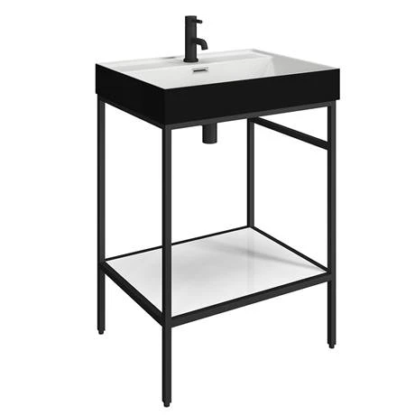 Arezzo 600 Matt Black Framed Washstand with Gloss White Open Shelf and Matt Black Basin 2 Arezzo 600 Matt Black Framed Washstand with Gloss White Open Shelf and Matt Black Basin - Image 2
