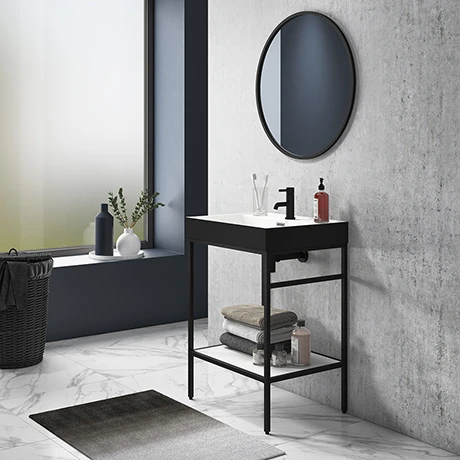 Arezzo 600 Matt Black Framed Washstand with Gloss White Open Shelf and Matt Black Basin 1 Arezzo 600 Matt Black Framed Washstand with Gloss White Open Shelf and Matt Black Basin