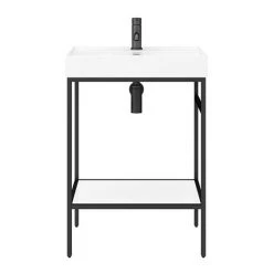 Arezzo 600 Matt Black Framed Washstand with Gloss White Open Shelf and Basin -Victorian Plumbing Store AZ6BFPM N DT3 460