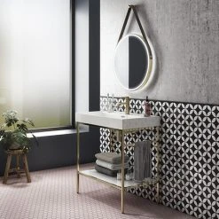 Arezzo 800 Brushed Brass Framed Washstand with Gloss White Open Shelf and Basin