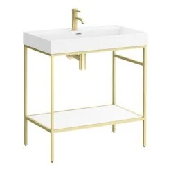 Arezzo 800 Brushed Brass Framed Washstand with Gloss White Open Shelf and Basin -Victorian Plumbing Store AZ8BBFPM D3 460