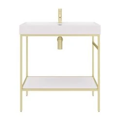Arezzo 800 Brushed Brass Framed Washstand with Gloss White Open Shelf and Basin -Victorian Plumbing Store AZ8BBFPM n d3 460