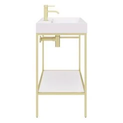 Arezzo 800 Brushed Brass Framed Washstand with Gloss White Open Shelf and Basin -Victorian Plumbing Store AZ8BBFPM n d5 460