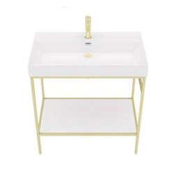 Arezzo 800 Brushed Brass Framed Washstand with Gloss White Open Shelf and Basin -Victorian Plumbing Store AZ8BBFPM n d6 460