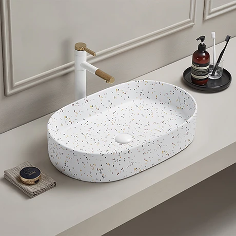 Arezzo 600 x 380mm White Terrazzo Effect Oval Countertop Basin 1 Arezzo 600 x 380mm White Terrazzo Effect Oval Countertop Basin