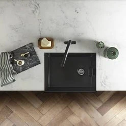 Rangemaster Grange Belfast Matt Black Ceramic Kitchen Sink inc. Basket Strainer Waste -Victorian Plumbing Store CGR595MB D2 460