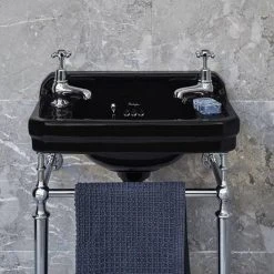 Burlington Jet Black Edwardian 2TH 51cm Cloakroom Basin & Chrome Wash Stand -Victorian Plumbing Store JET51ST D2 460