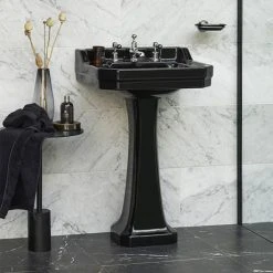 Burlington Jet Black Edwardian 56cm Basin with Standard Pedestal -Victorian Plumbing Store JETED1TH D2 460