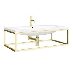Venice 900mm Wall Hung Basin with Brushed Brass Towel Rail Frame inc. Tap + Bottle Trap