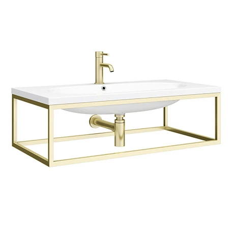 Venice 900mm Wall Hung Basin with Brushed Brass Towel Rail Frame inc. Tap + Bottle Trap 1 Venice 900mm Wall Hung Basin with Brushed Brass Towel Rail Frame inc. Tap + Bottle Trap