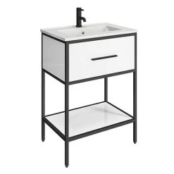 Venice Matt Black 600mm Framed Washstand and Basin inc. Tap + Waste