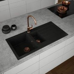 Venice 1.5 Bowl Matt Black Composite Kitchen Sink + Chrome Wastes